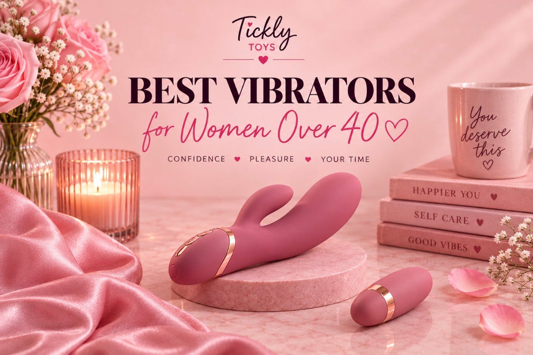 A selection of vibrators and intimate wellness products for women over 40, displayed on a soft pink background