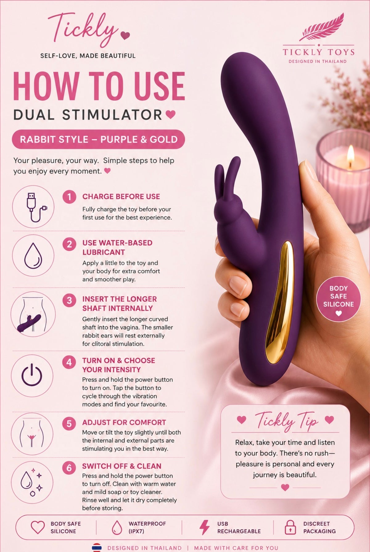 An instructional poster for the Tickly brand dual stimulator, showing a hand holding a purple and gold rabbit-style device next to a pink cylindrical toy, with step-by-step usage instructions and icons on a white background.