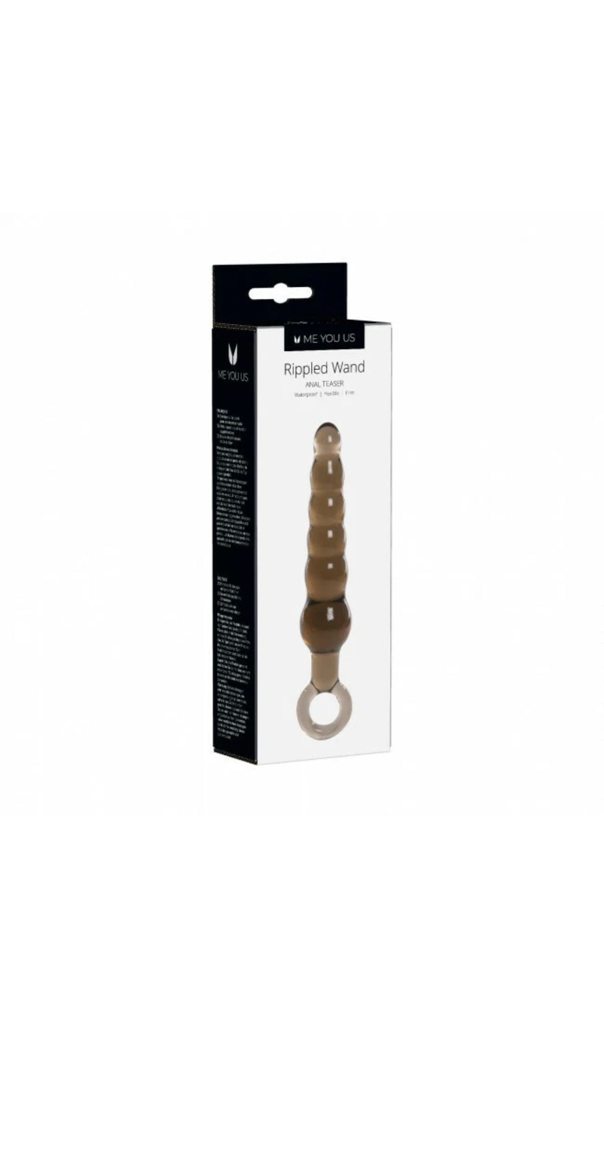 A boxed product labeled 'Rugged Hand' shown in its retail packaging against a plain white background. The package is mostly white with a black side panel and a clear window displaying a brown textured cylindrical item with a ring at the end.
