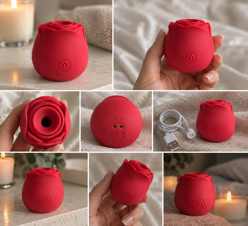 A collage of product photos showing a small rose-shaped red silicone device, with some views held in a hand and others showing the back opening, charging port, USB cable, and a candlelit setting.