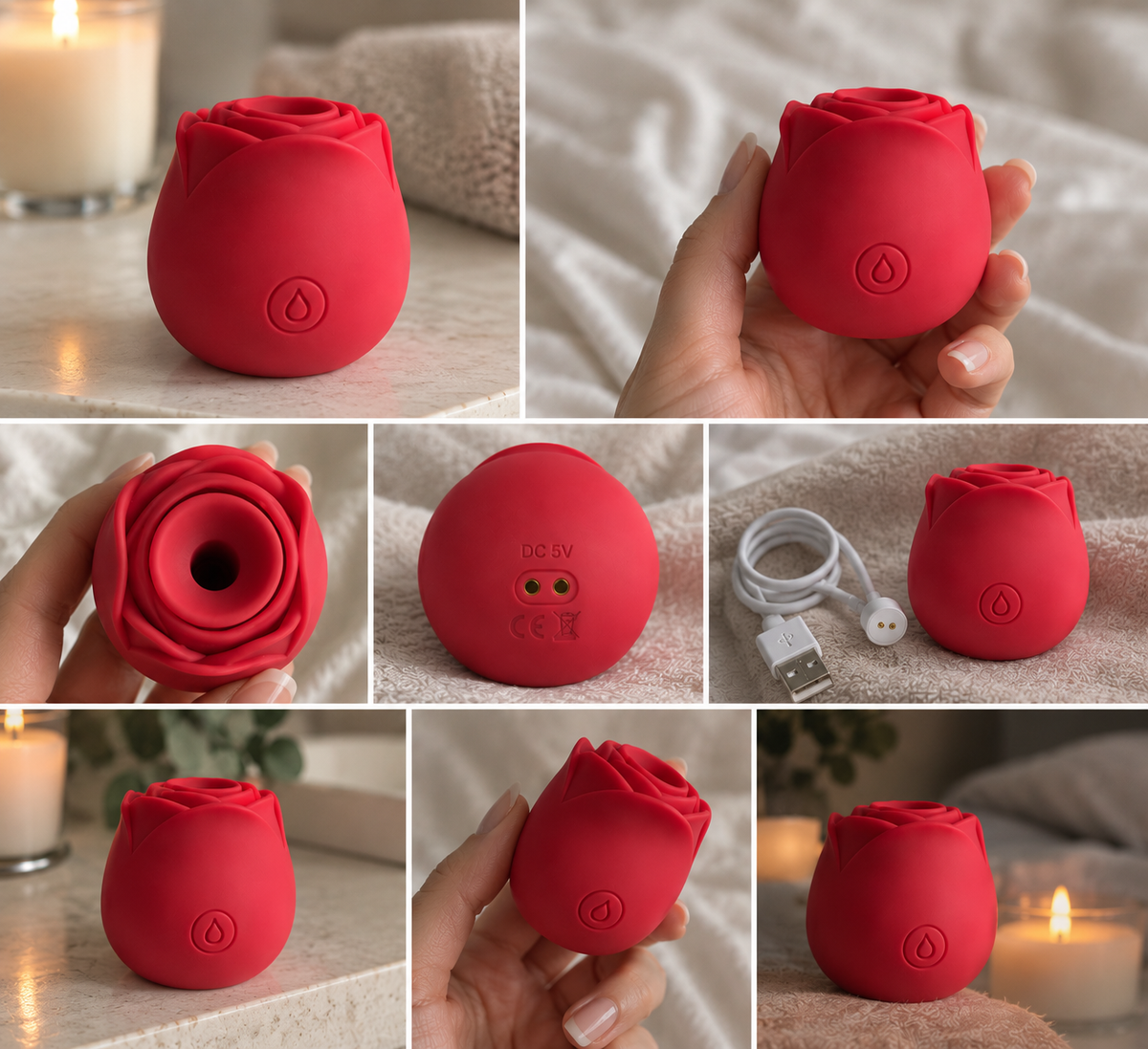 A collage of product photos showing a small rose-shaped red silicone device, with some views held in a hand and others showing the back opening, charging port, USB cable, and a candlelit setting.