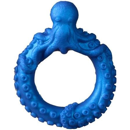 A bright blue octopus-shaped baby teether or chew toy with textured suction cup details, shown against a plain white background.