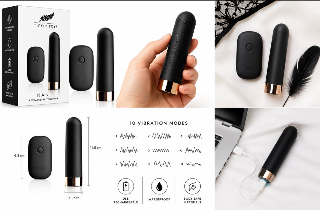 A collage showing a black handheld vibrator with a metallic gold base from multiple angles, including a hand holding it, a close-up of the product, packaging box, vibration mode diagram, dimensions, and use with a laptop.