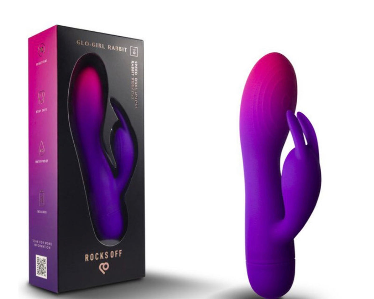 A GLO-GIRL RABBIT 'Rocks Off' dual-stimulation vibrator shown next to its black and pink retail packaging box on a white background.