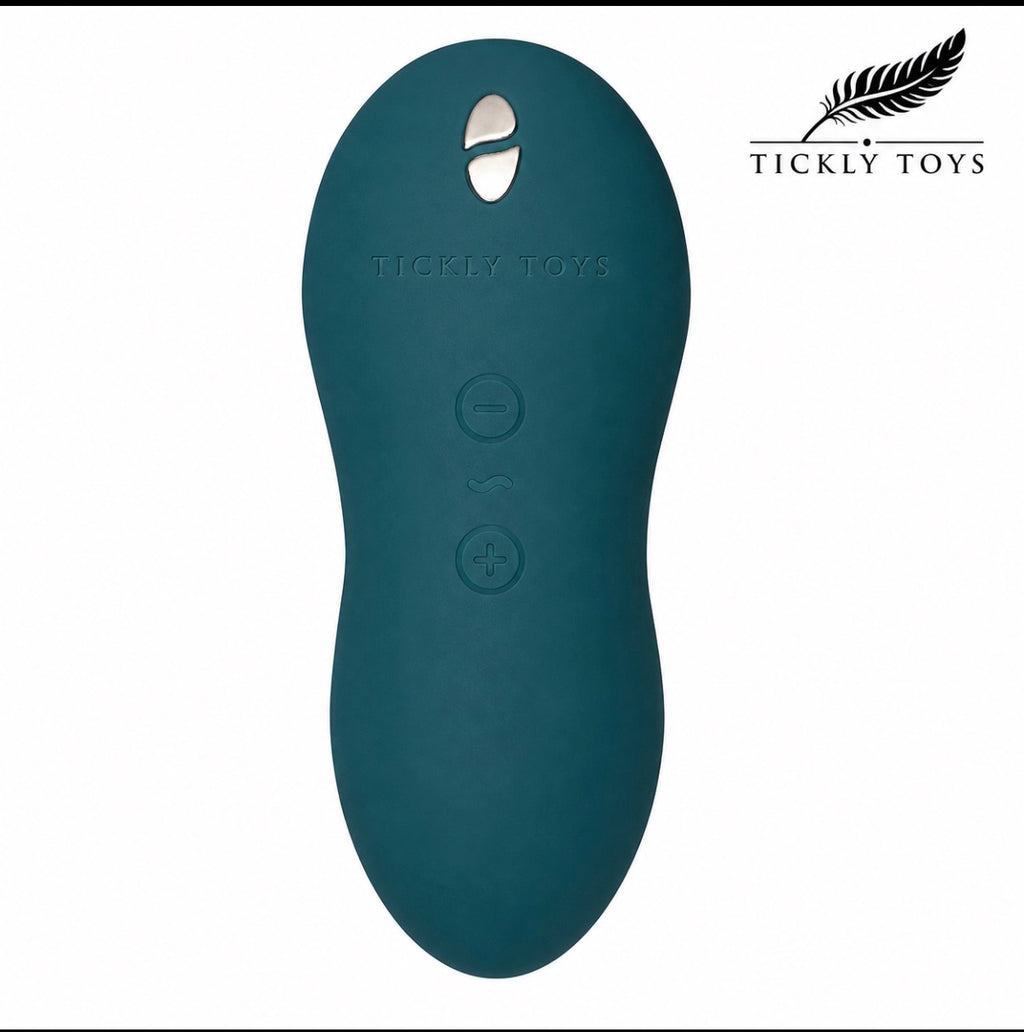 A dark teal silicone personal massager by Tickly Toys, shown vertically on a white background with the brand logo in the top right corner.