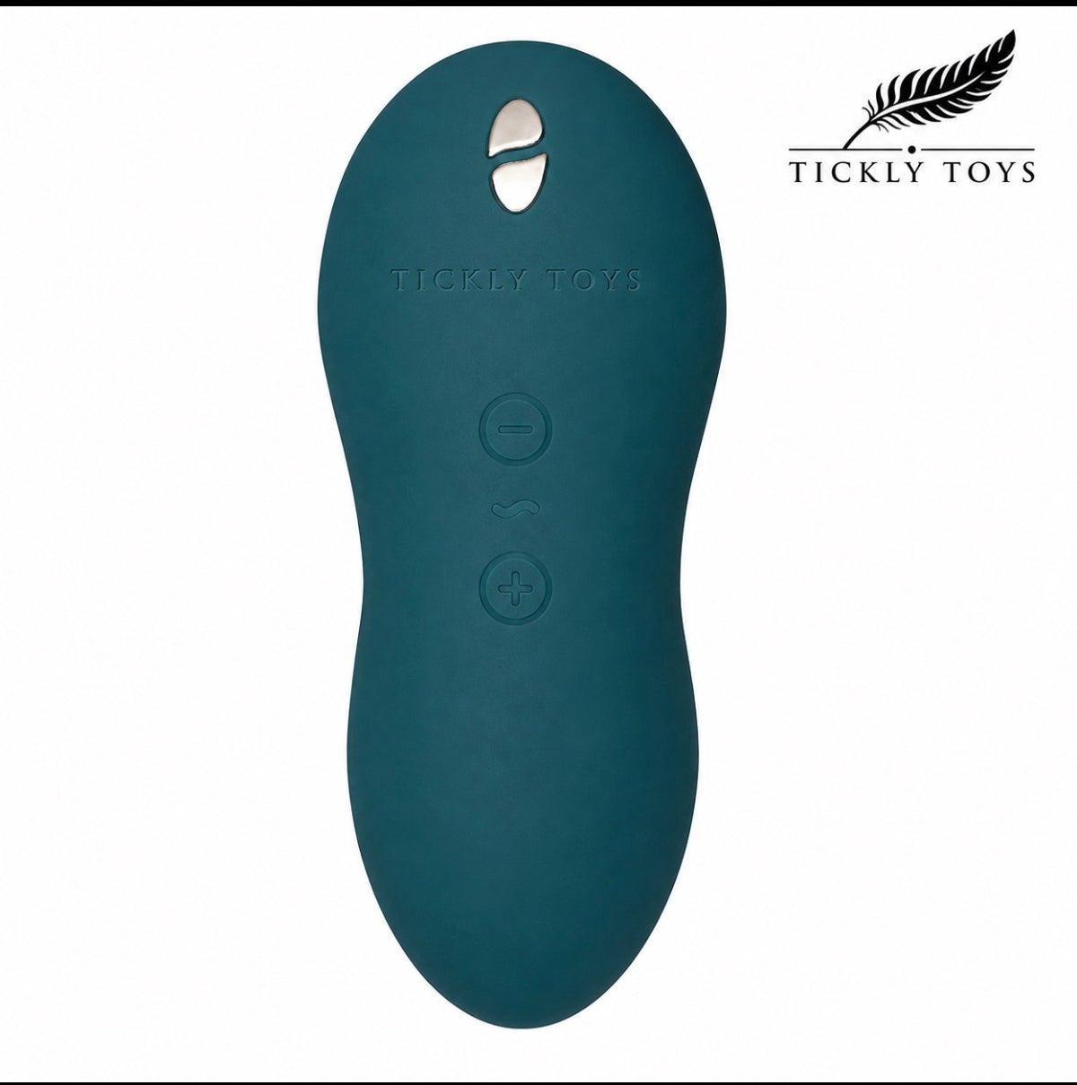 A dark teal silicone personal massager by Tickly Toys, shown vertically on a white background with the brand logo in the top right corner.