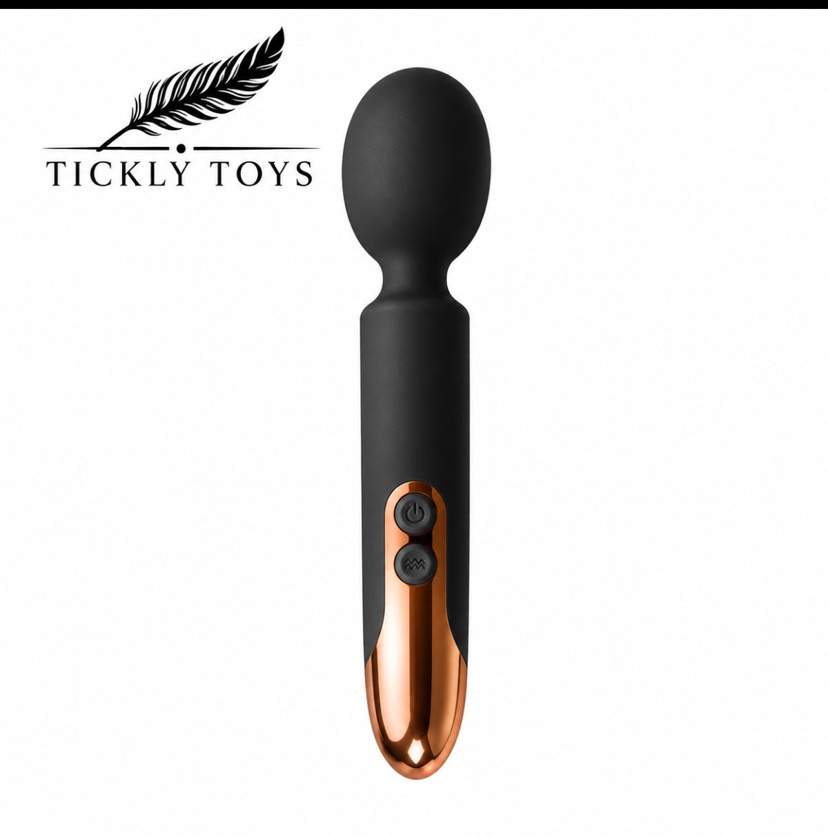 A handheld wand massager by Tickly Toys, featuring a matte black body with a metallic rose gold accent at the base and control buttons, shown on a plain white background with the brand logo in the top left corner.