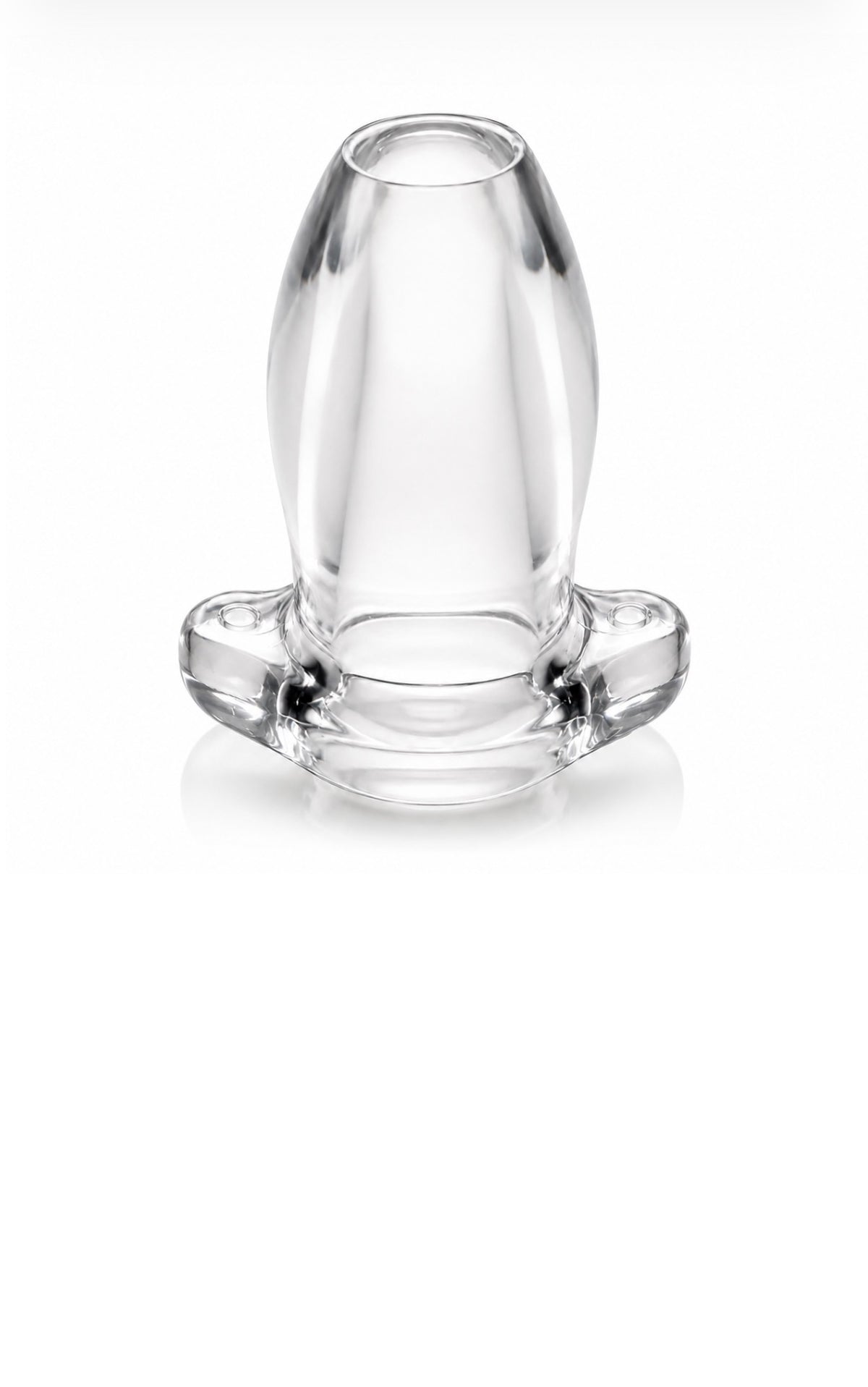 A clear glass adult novelty product with a flared base