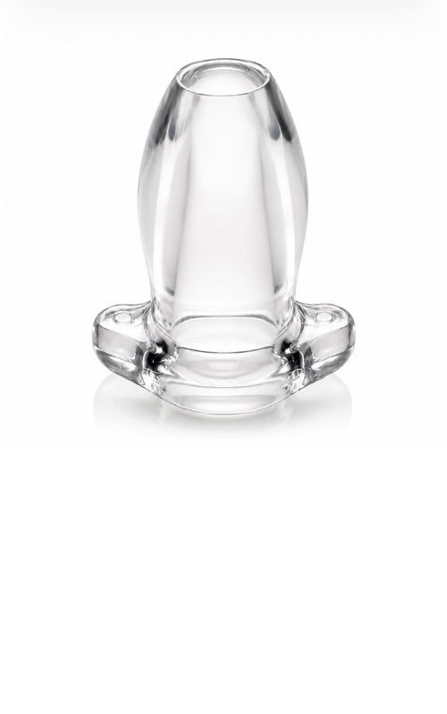 A clear glass adult novelty product with a flared base