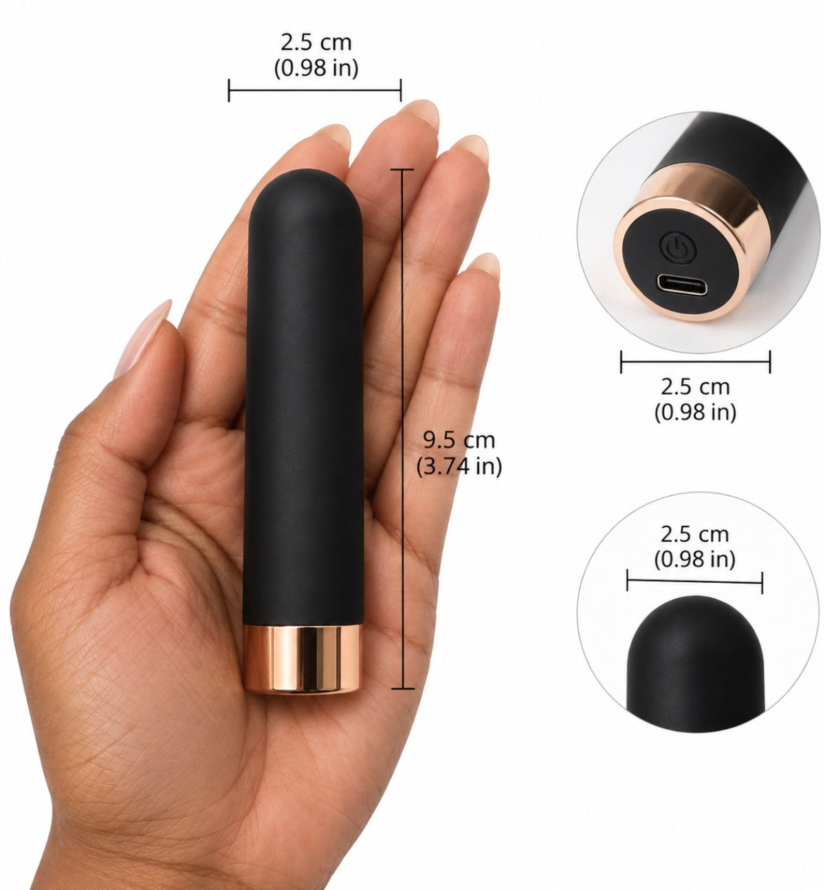 A hand holds a slim black cylindrical personal massager with a rose gold base and top detail, shown with dimension callouts indicating 9.5 cm length and 2.