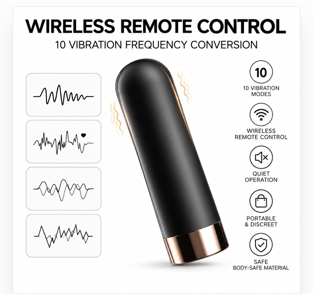 A black wireless remote control with a metallic rose gold base, shown on a white background with feature icons and vibration waveform diagrams.