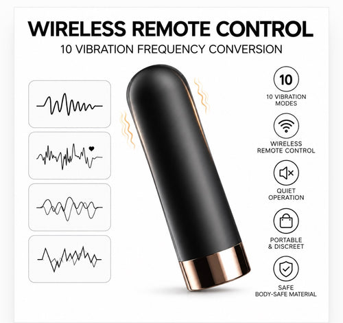 A black wireless remote control with a metallic rose gold base, shown on a white background with feature icons and vibration waveform diagrams.