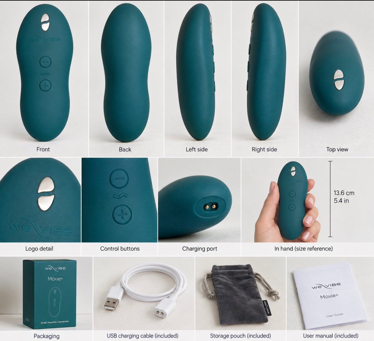 A 3x4 collage showing multiple views of a teal silicone personal massager, including front, back, side, top, close-up logo detail, control buttons, charging port, in-hand size reference, packaging box, USB charging cable, storage pouch, and user manual.