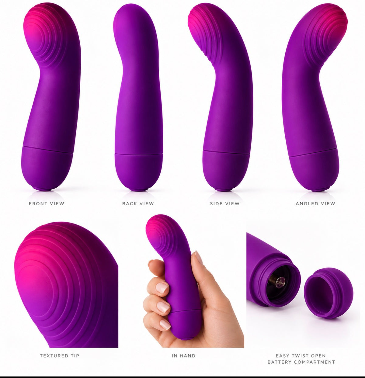 A six-panel product collage showing a purple and pink silicone personal massager from multiple angles, including front, back, side, angled, textured tip close-up, in-hand view, and battery compartment opening.