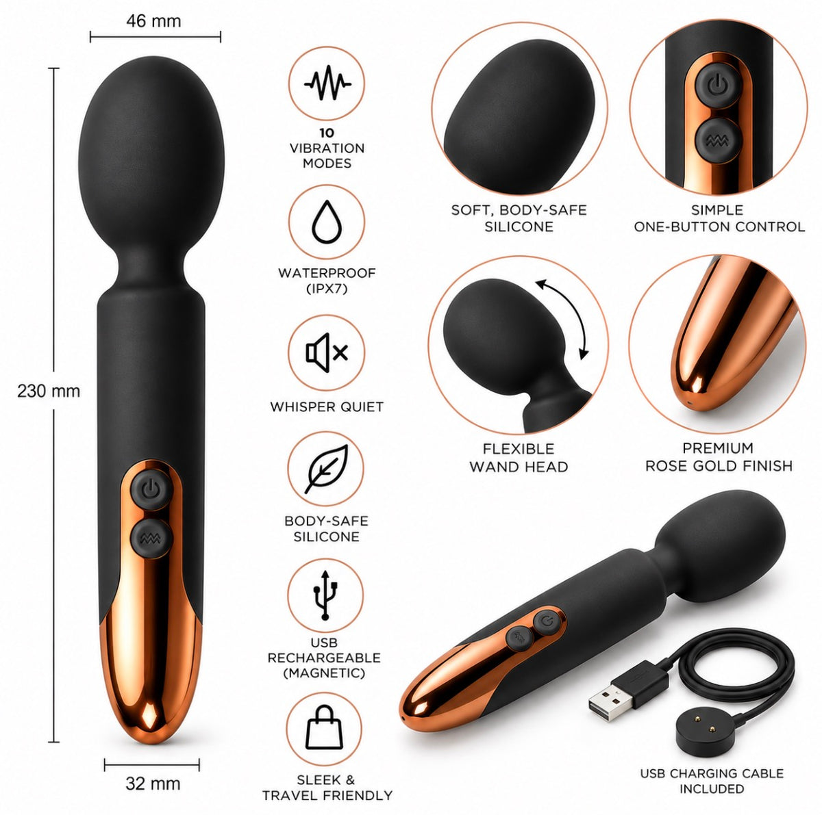 An adult novelty vibrator shown on a white background with multiple callout circles and dimension labels. The main product is a black and rose gold wand massager with a rounded head and a curved base.