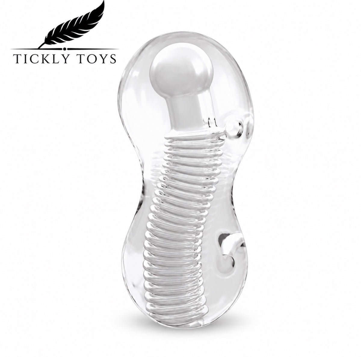 Clear transparent silicone adult novelty toy with a coiled spring design and rounded head, shown on a white background with the Tickly Toys logo in the top left.