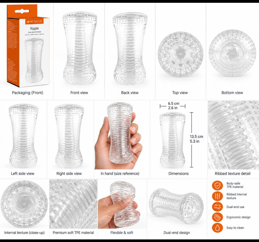 A product information collage for a transparent ribbed adult toy. The layout shows the retail box, multiple front and side views, a hand holding the item for scale, dimensions, close-up texture details, and feature icons.