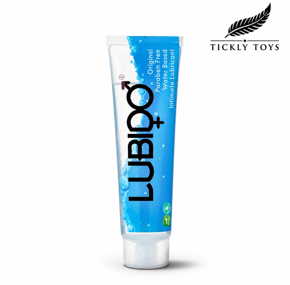 A tube of LUBIDO Original Water Based Lubricant on a white background, featuring a blue and white design with black text. The Tickly Toys brand logo is visible in the top right corner.