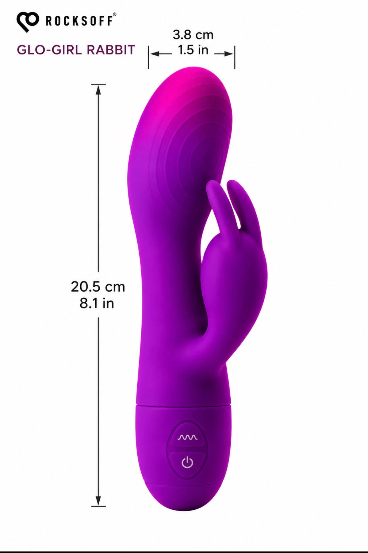 Purple and pink Rocksoff Glo-Girl Rabbit vibrator with dimension markings showing a height of 20.5 cm (8.