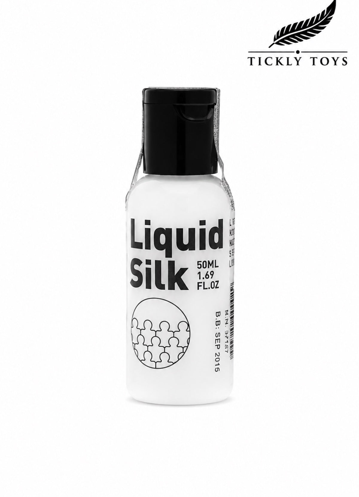 A 50ml bottle of Tickly Toys Liquid Silk, featuring a white bottle with a black cap and black text, set against a plain white background with the Tickly Toys logo in the top right corner.
