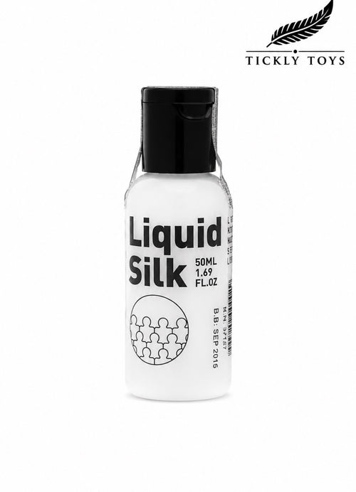 A 50ml bottle of Tickly Toys Liquid Silk, featuring a white bottle with a black cap and black text, set against a plain white background with the Tickly Toys logo in the top right corner.