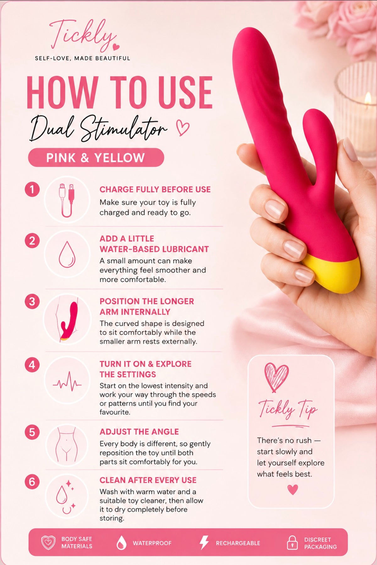 A pink and yellow dual-stimulation personal massager shown with an instructional guide titled 'HOW TO USE Dual Stimulator' on a white background with pink text and diagrams.