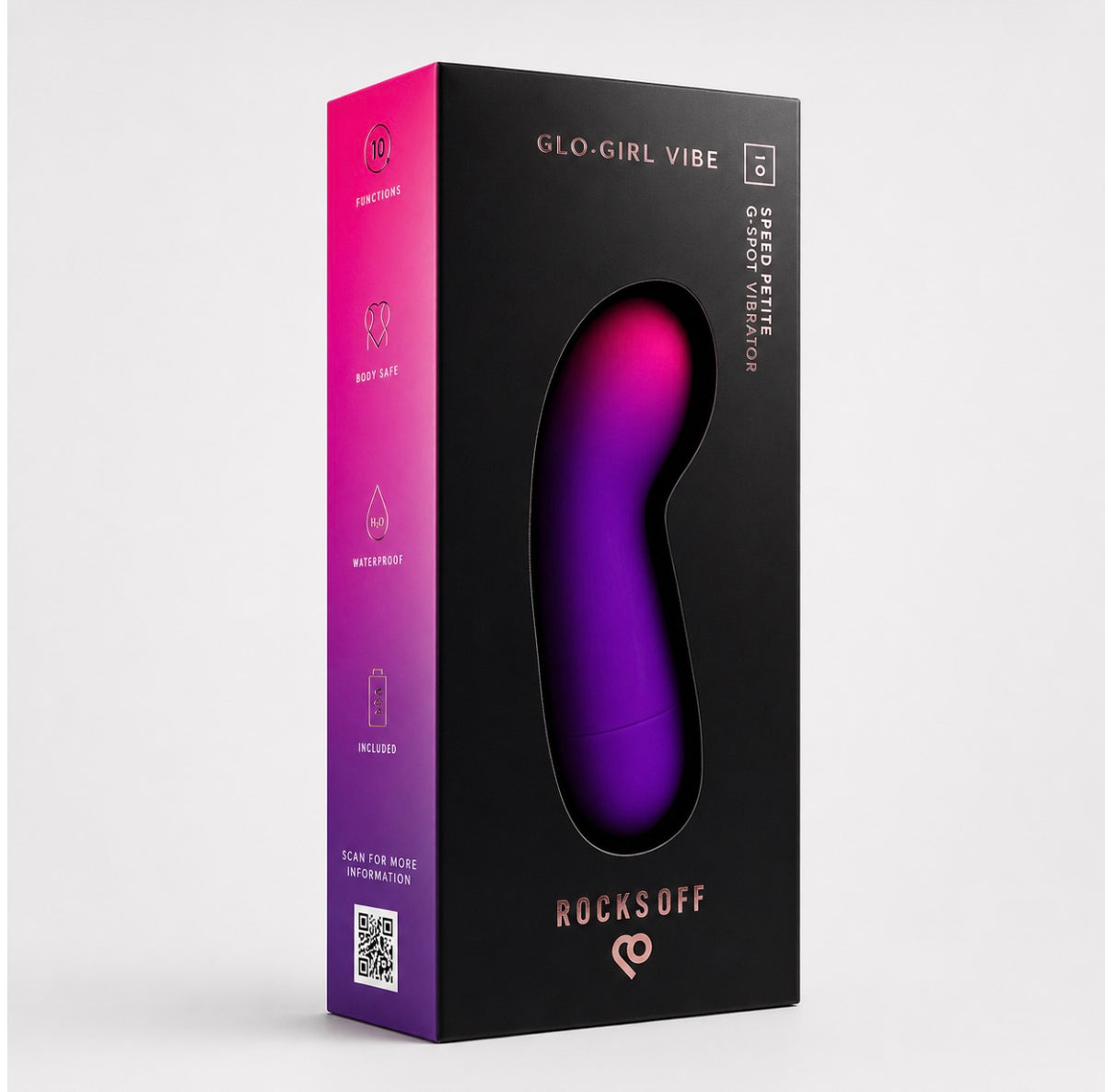 Purple Rocks Off Glo-Girl Rabbit vibrator with dual-stimulation design, textured tip and control buttons, shown with its black and pink packaging on a white background.