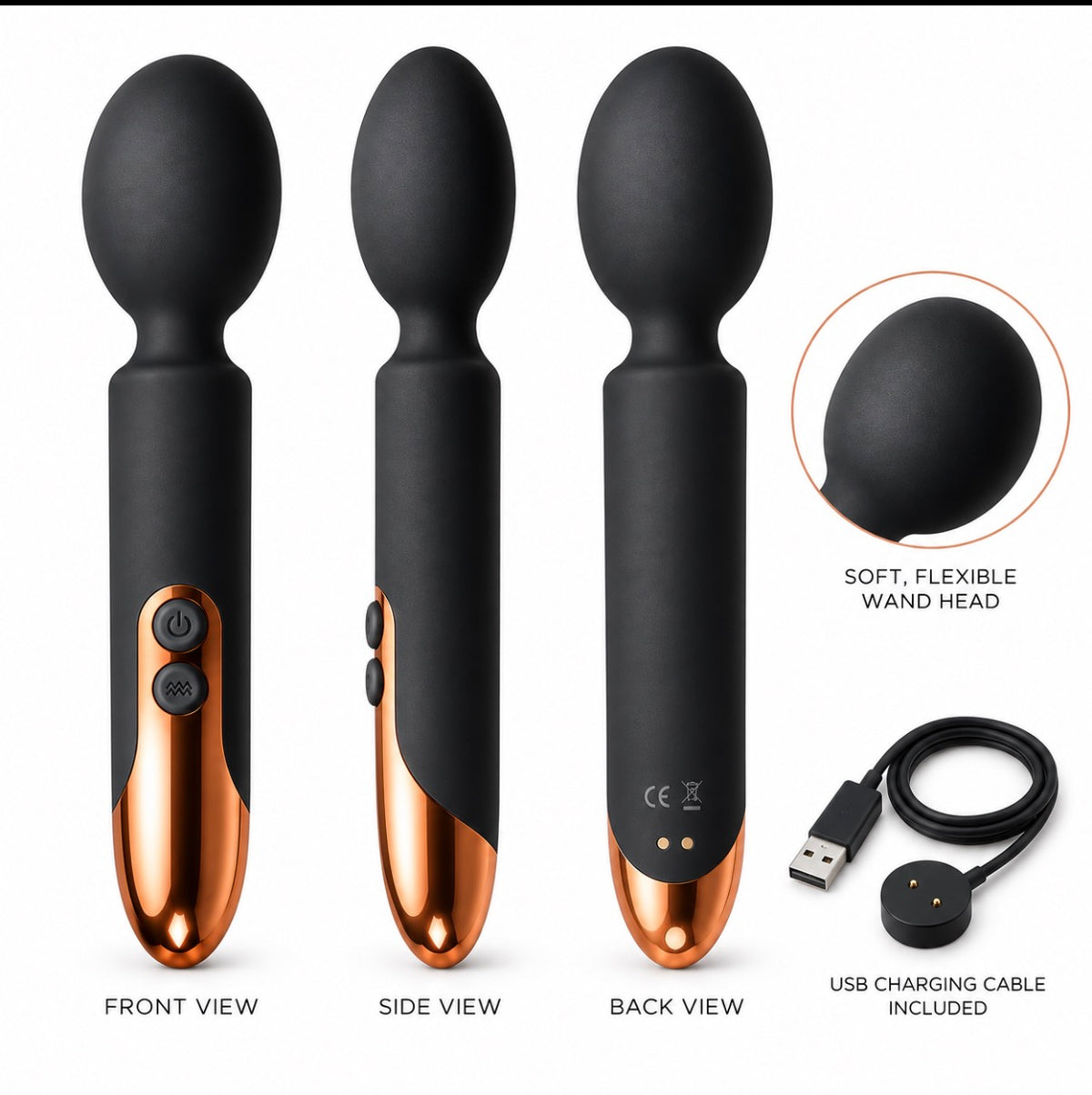 Three views of a black and rose gold personal massager on a white background, showing front, side, and back views, along with a USB charging cable and a close-up inset of the soft flexible wand head.