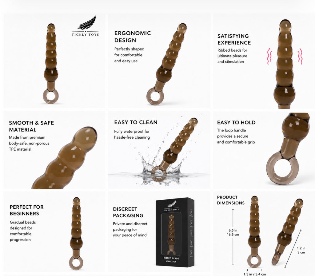 An infographic-style product presentation on a white background showing a metallic bronze curved ring-style adult toy from multiple angles, with text callouts about ergonomic design, smooth and safe material, easy to clean, easy to hold, perfect for beginners, discreet packaging, and product dimensions. The Tickle Toys logo is visible at the top.