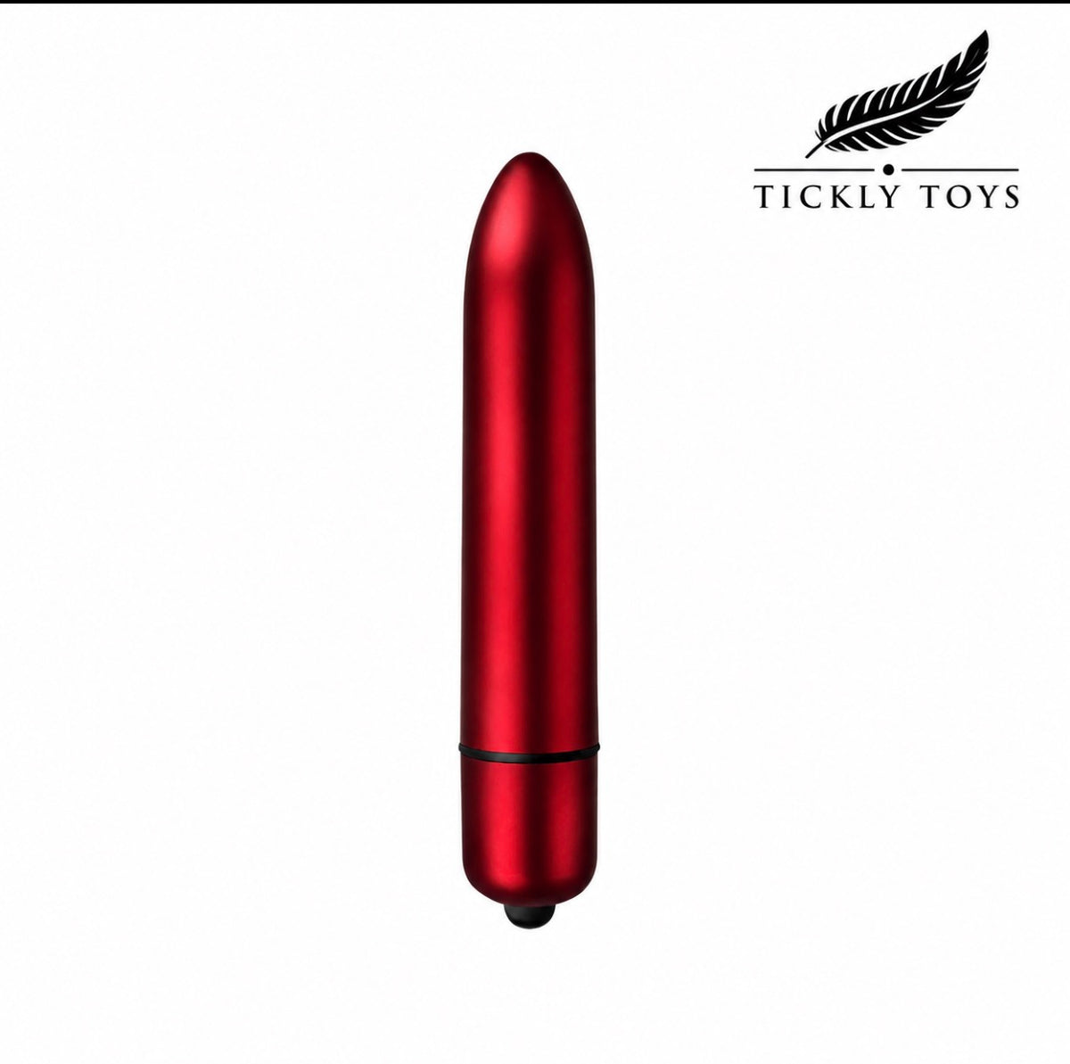 A metallic red bullet-shaped personal massager by Tickly Toys, shown vertically on a plain white background with the Tickly Toys brand logo in the top right corner.