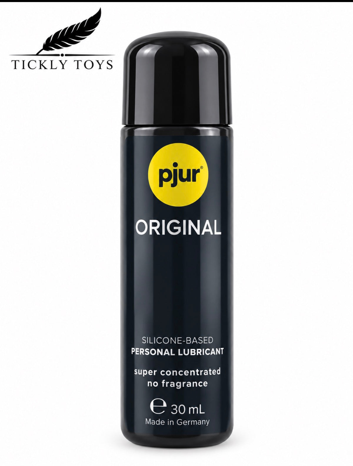 A 30 mL black bottle of Pjur Original silicone-based personal lubricant, shown against a plain white background with a Tickly Toys watermark in the top-left corner.