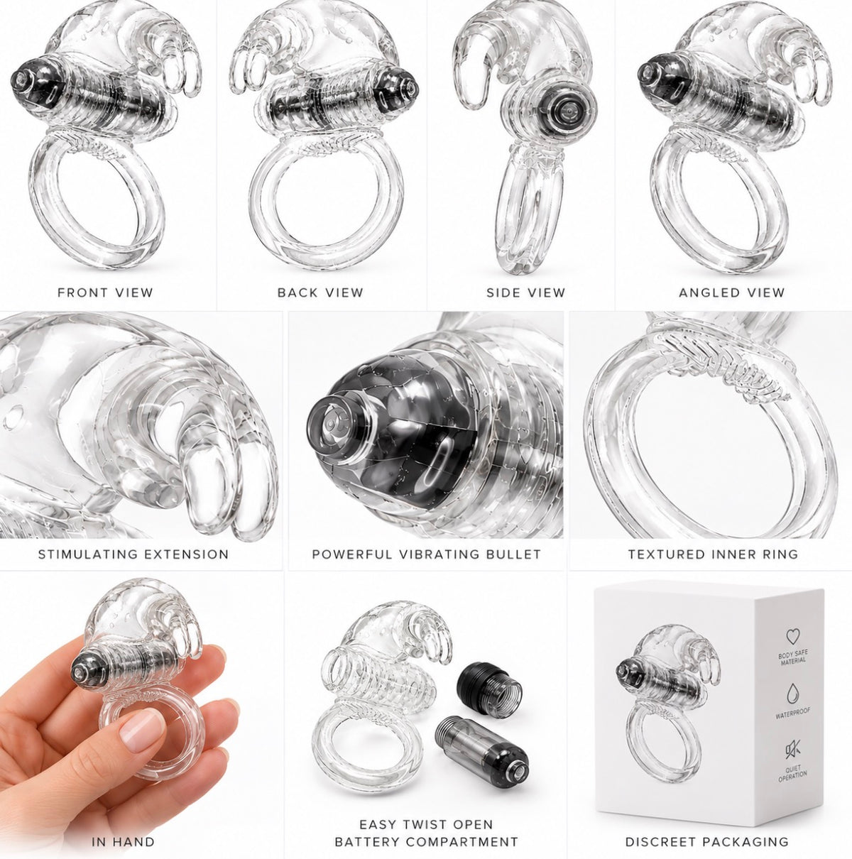 A 3x3 collage showing a clear transparent adult novelty device from multiple angles, with text labels such as front view, back view, side view, angled view, stimulating extension, powerful vibrating bullet, textured inner ring, in hand, easy twist open battery compartment, and discreet packaging.