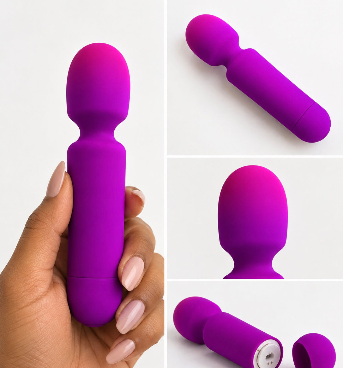 A purple and magenta silicone personal massager shown in a collage: one panel shows it being held in a hand, others show the product from different angles on a clean white background.
