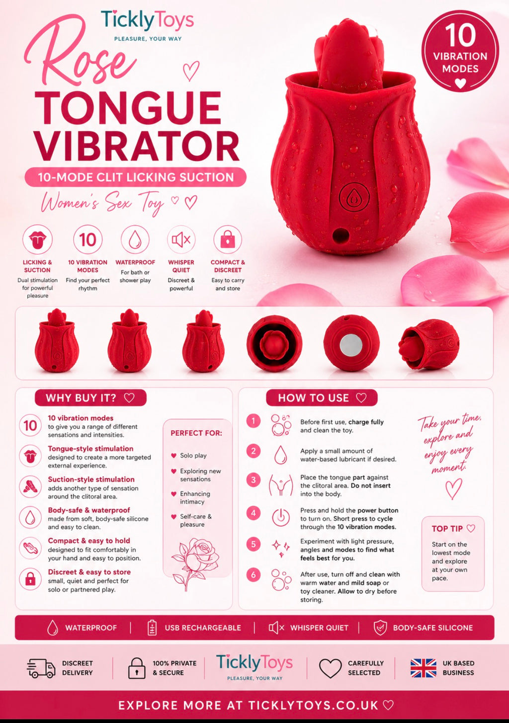 A promotional infographic for the TicklyToys Rose Tongue Vibrator, showing the main product in pink and red tones, multiple close-up views, feature icons, usage instructions, and marketing text on a pink background.