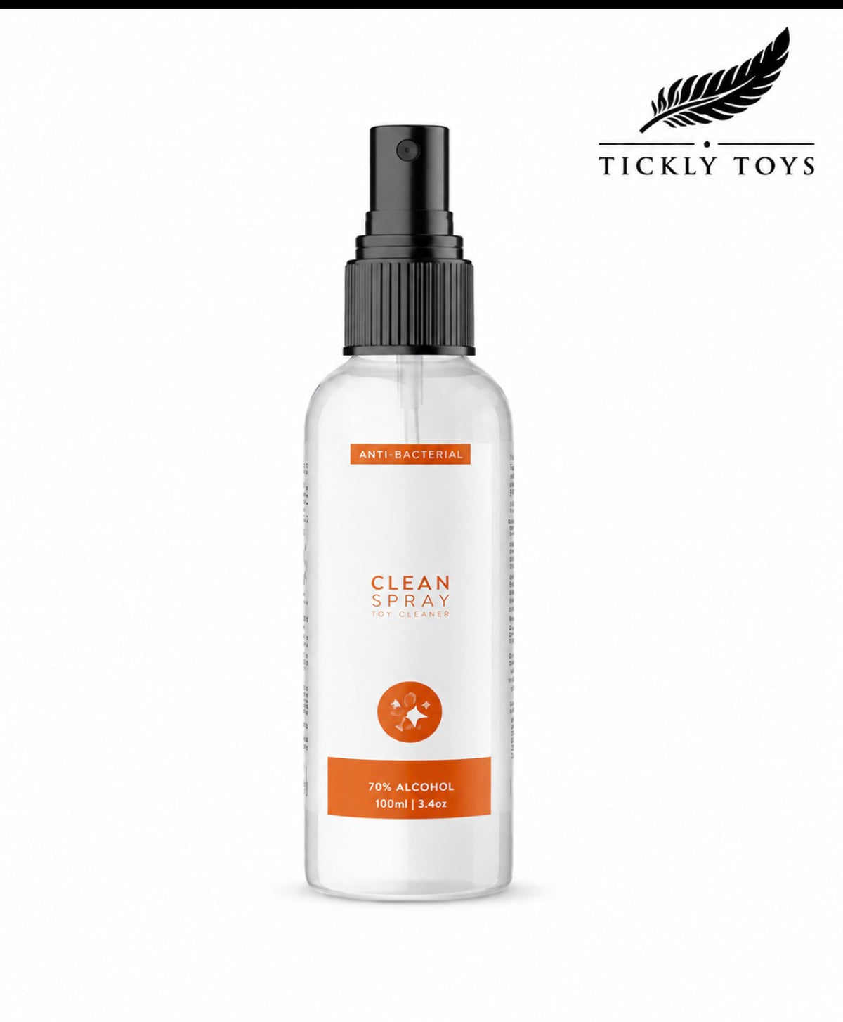 A 500ml bottle of Tickly Toys Clean Spray 70% Alcohol on a white background, featuring a black spray nozzle and orange and white label accents.