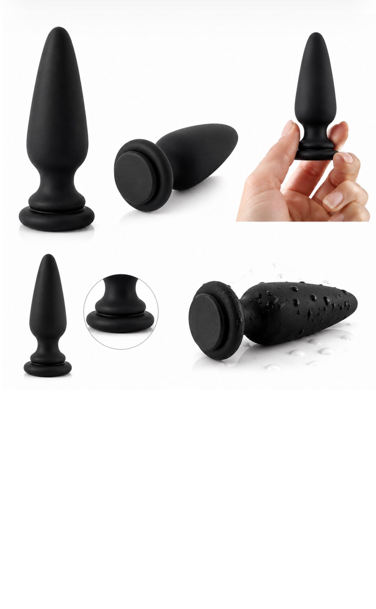 Black silicone butt plug shown from multiple angles on a white background, including a hand holding one piece, a close-up inset, and a textured version shown alongside.