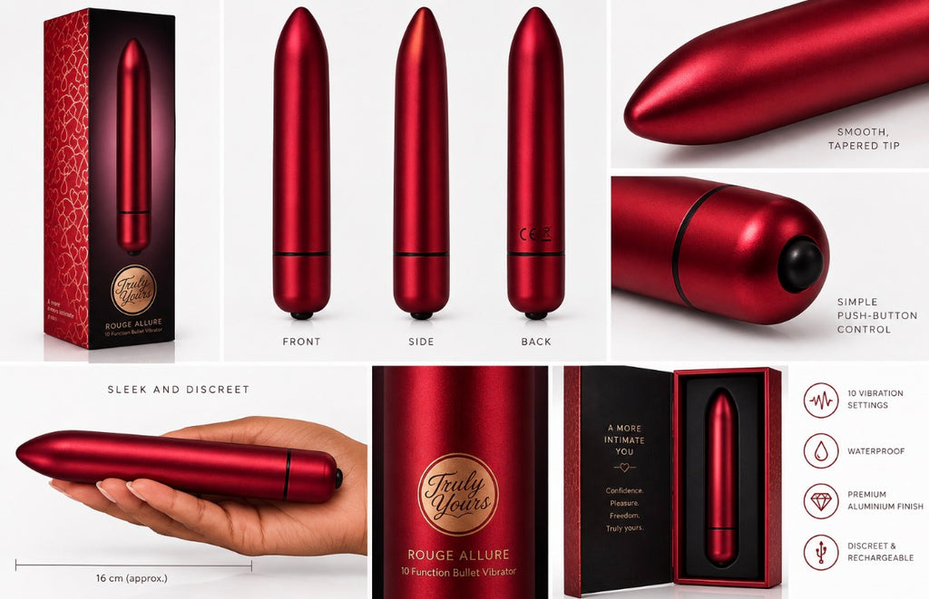 A collage showing a red metallic bullet vibrator from multiple angles, including front, side, back, close-ups, a hand holding it for scale, and packaging views. The product is labeled 'Rouge Allure' by Truly Sex.