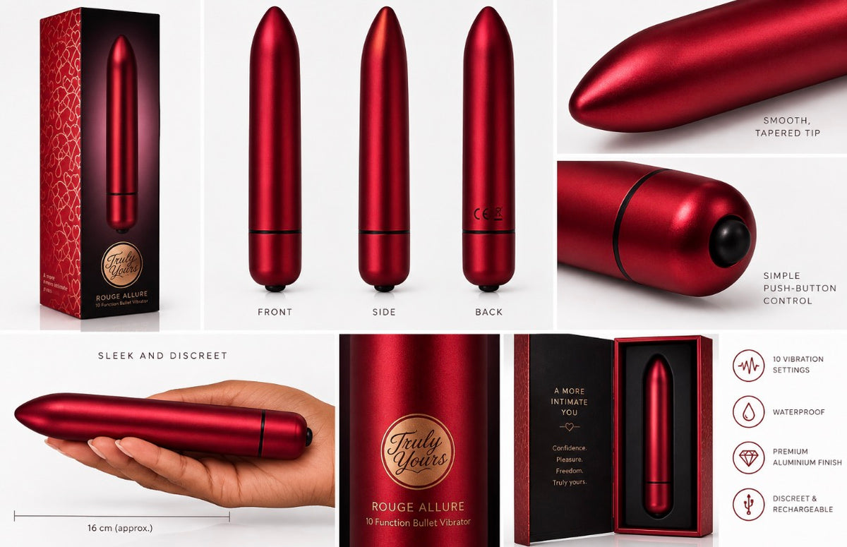 A collage showing a red metallic bullet vibrator from multiple angles, including front, side, back, close-ups, a hand holding it for scale, and packaging views. The product is labeled 'Rouge Allure' by Truly Sex.