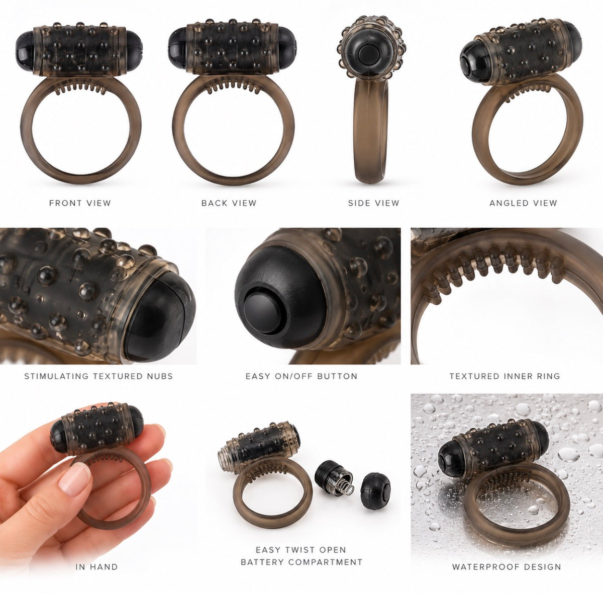 A 7-panel product collage showing a textured ring-style adult novelty device from multiple angles, including front, back, side, angled, close-up of textured nubs, easy on/off button, in-hand view, battery compartment, and waterproof design on a white background.