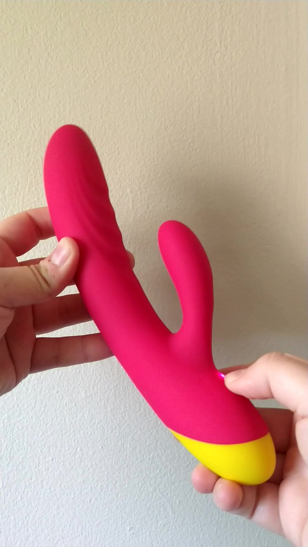 ROMP Jazz Rabbit Vibrator in pink and yellow – close-up showing dual stimulation arms, body-safe silicone"