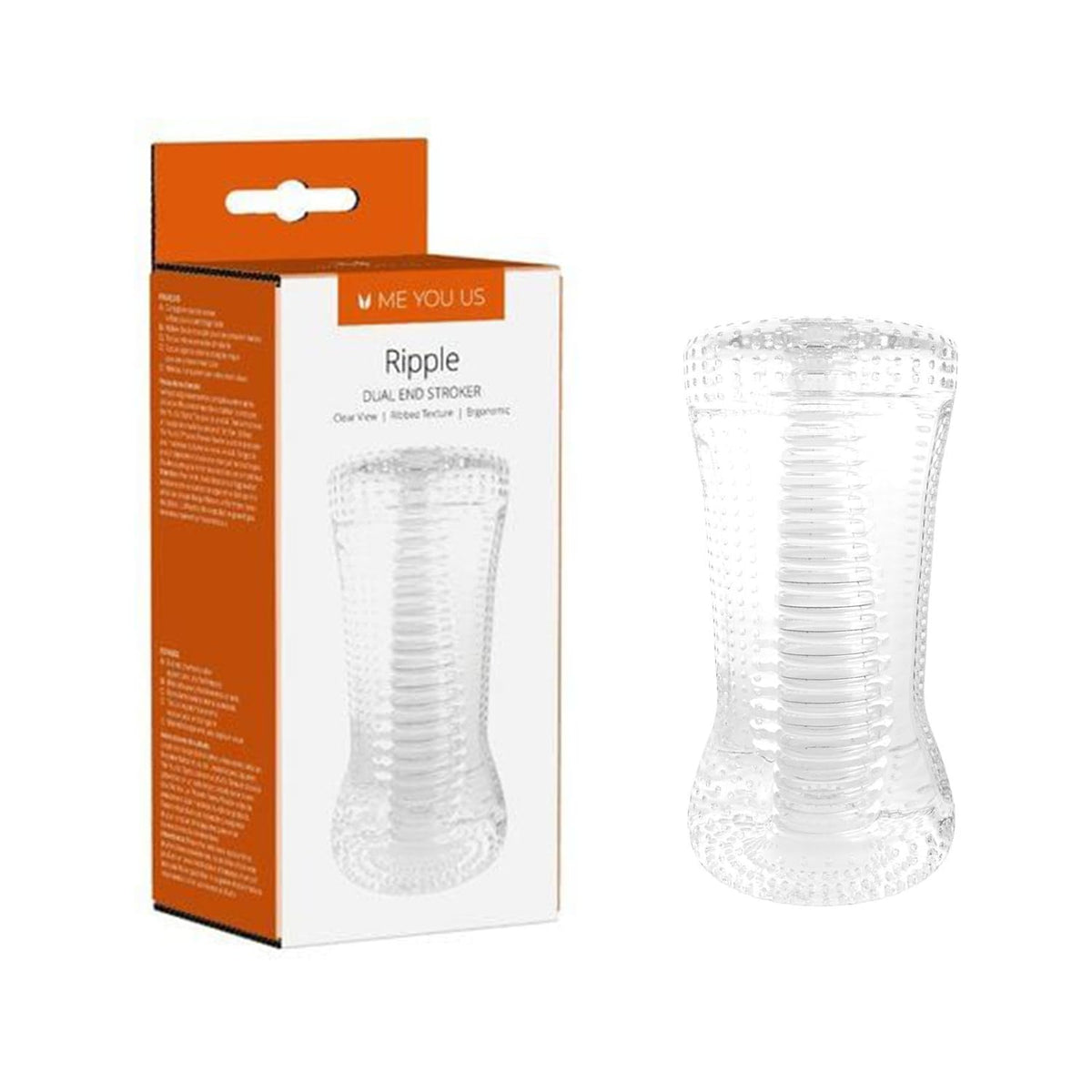 Clear Ripple dual-end stroker with textured ribbed interior beside its orange and white Me You Us packaging on a white background.