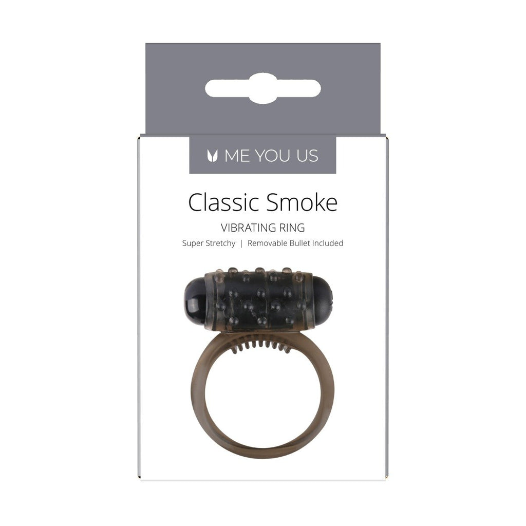 Vibrating ring packaging labeled 'Me You Us Classic Smoke' on a white background
