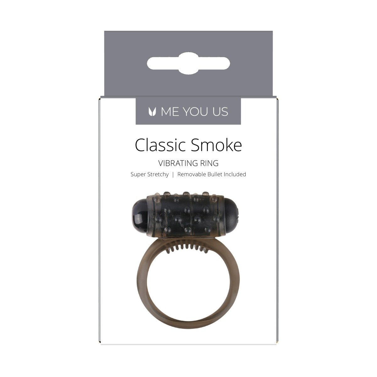 Vibrating ring packaging labeled 'Me You Us Classic Smoke' on a white background