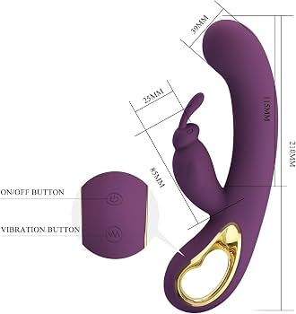 Purple and gold vibrator with dimension annotations showing measurements of 20mm, 115mm, 85mm, and 20mm, plus a separate circular button attachment on a white background.