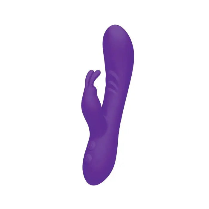 A purple silicone personal massager with a curved main shaft and a smaller secondary arm, shown against a plain white background.