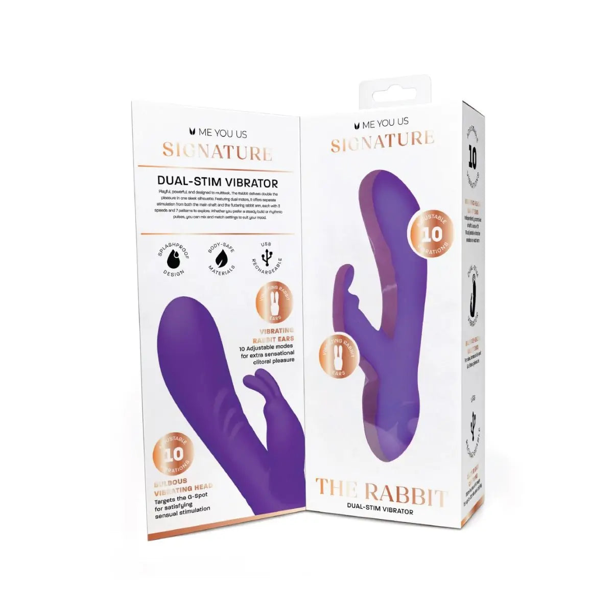 The Rabbit dual-stim vibrator retail packaging by Me You Us Signature, showing the purple rabbit-shaped vibrator and product details on a white background.