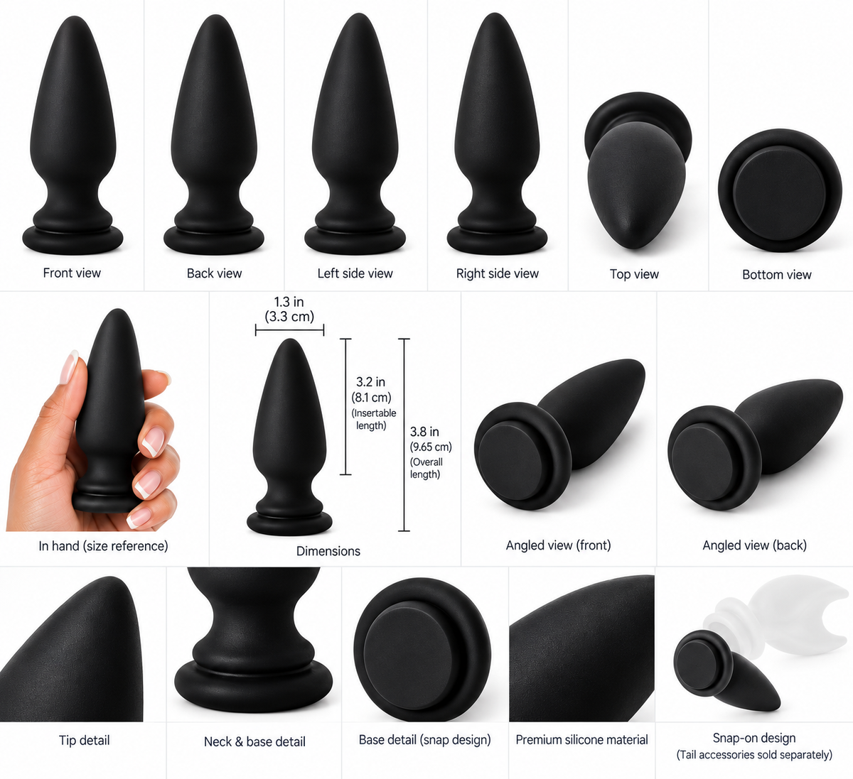 A product information collage showing a black silicone anal plug from multiple angles, including front, back, side, top, bottom, dimensions, tip detail, neck and base detail, and snap-on design. 