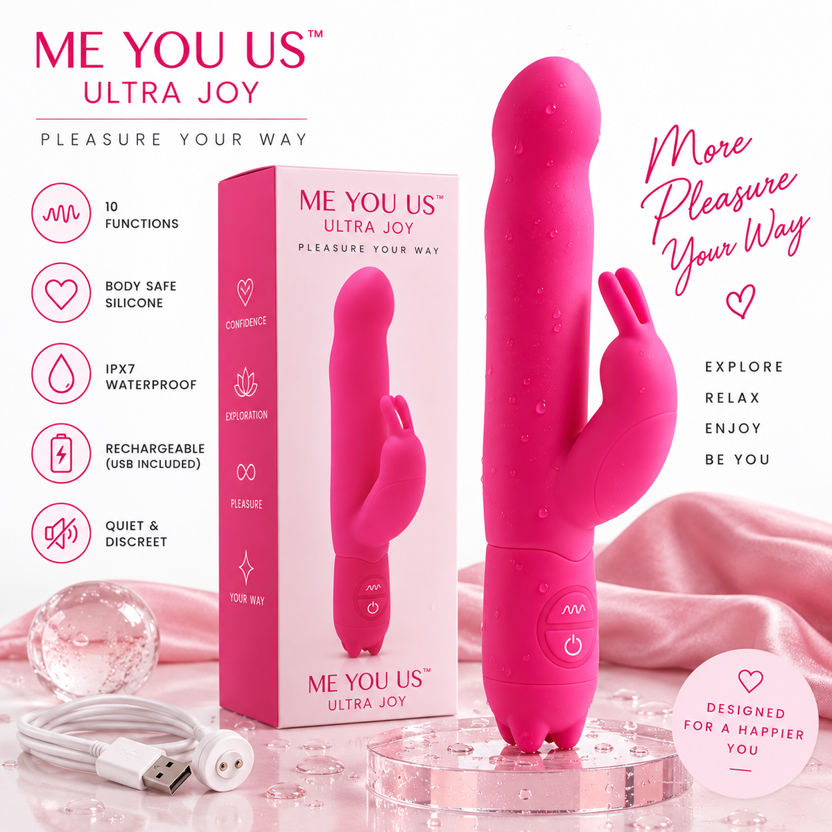 Pink ME YOU US Ultra Joy vibrating wand shown standing beside its retail box on a glossy white surface, with a USB cable, pink satin fabric, and promotional text around it.
