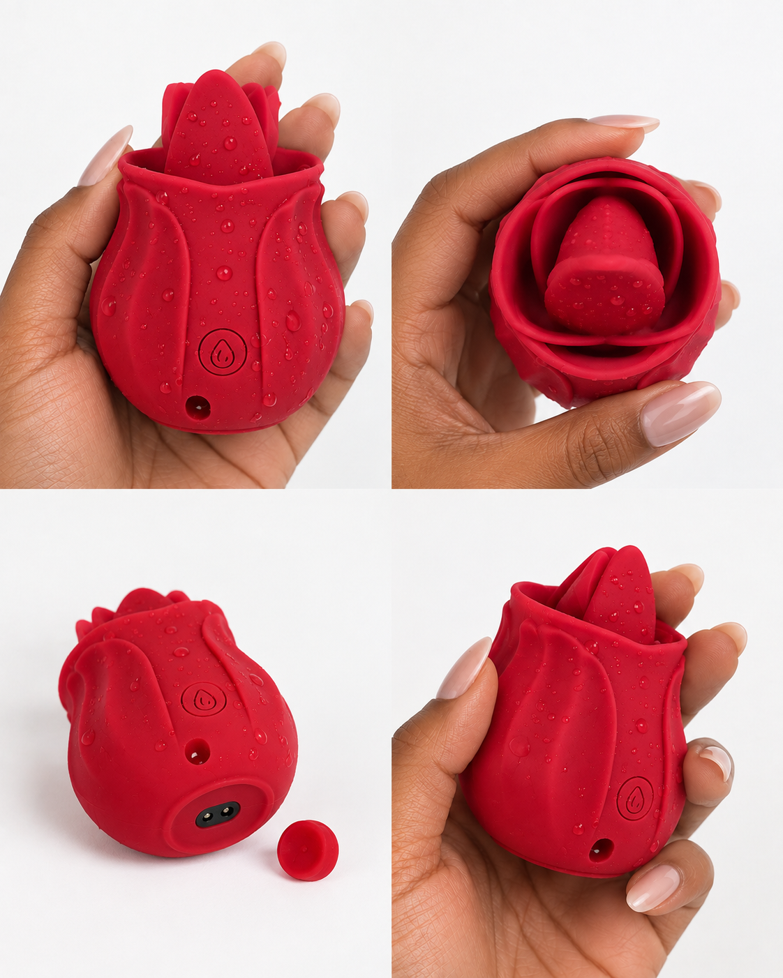 A red silicone personal massager shown in four views, held in a person's hand against a white background. The product has a rosebud or tulip-like shape with a small round control button and a separate cap.